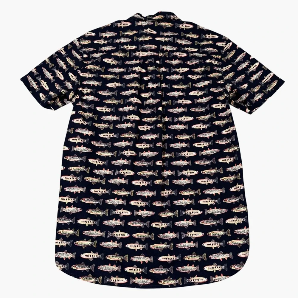 The North Face Button Up Shirt Mens Small Navy/Black Fish Print Short Sleeve